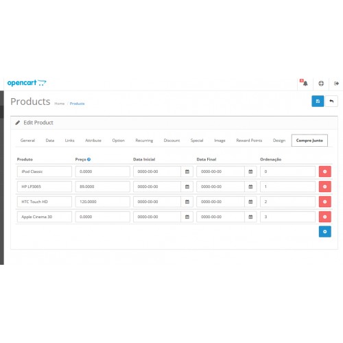 Produtos relacionados opencart admin