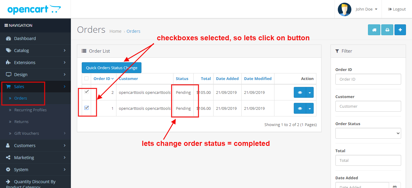 OpenCart Admin Quick Orders Status Change