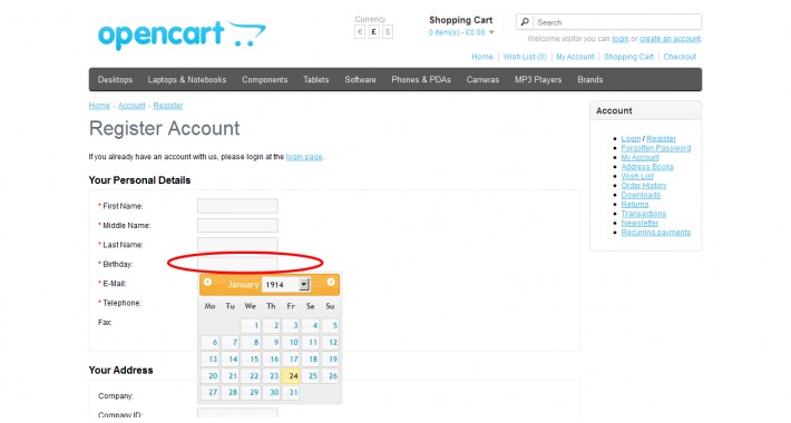 Birthday fields on Register and Checkout forms