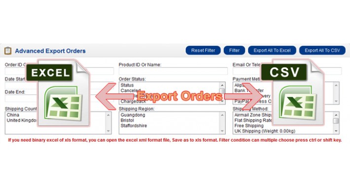 Advanced Export Orders All To Excel Or CSV (VQMOD)