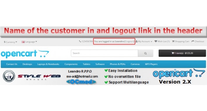 Name of the customer in and logout link in the Header
