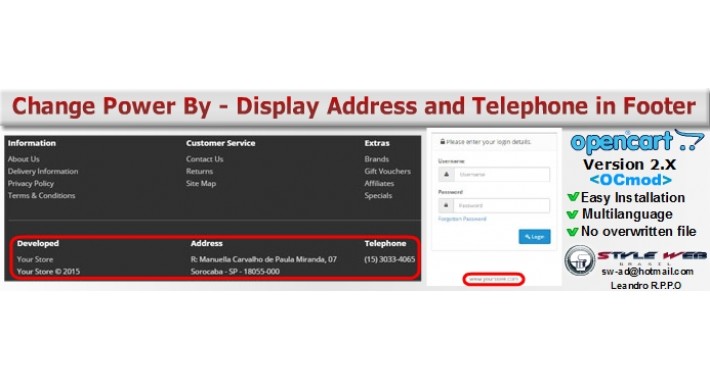 Change Power By|Display Address and Telephone in footer