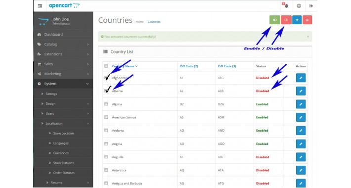 Bulk Enable Disable Countries OC 2.x.x.x