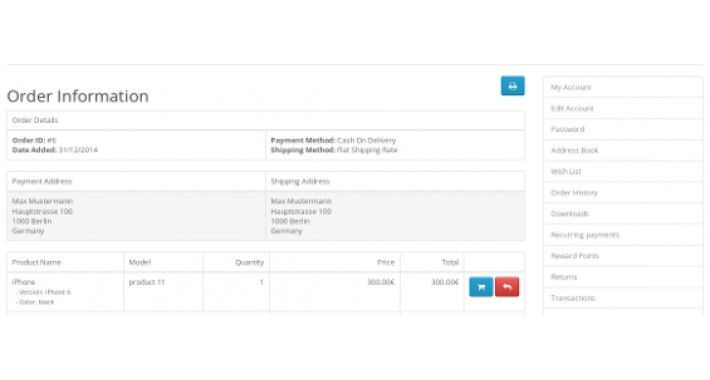 Customer account - Print buttons on information pages
