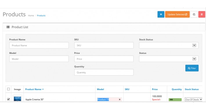 Edit Products in Admin for Opencart 2