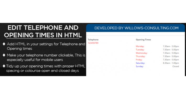HTML Opening Times and Telephone
