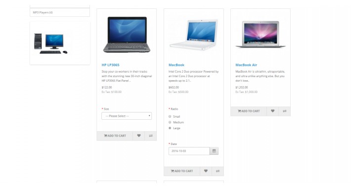 Product list with options