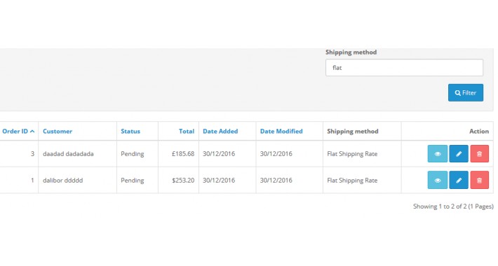 Shipping method filter in order list