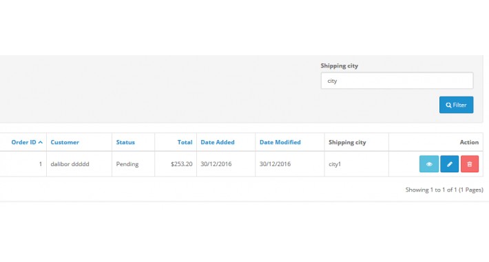 Shipping city filter in order list