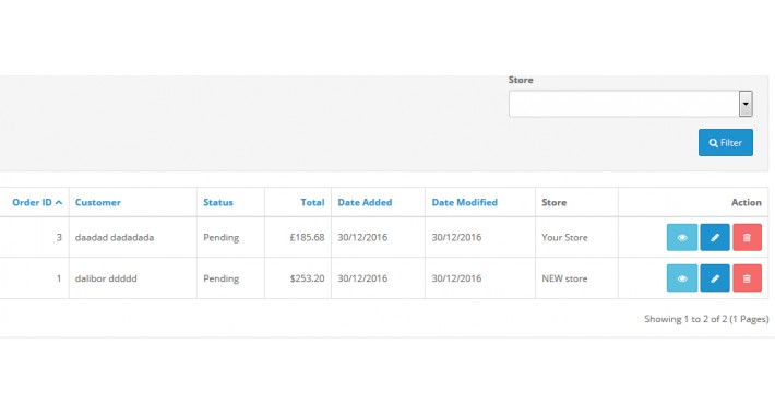 Store filter in order list