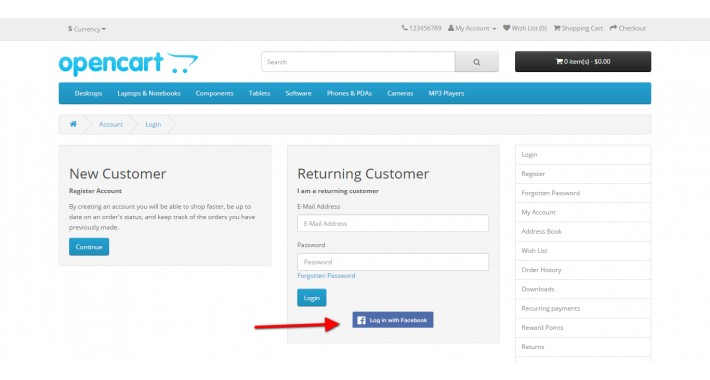 Opencart Free Facebook Login Extension