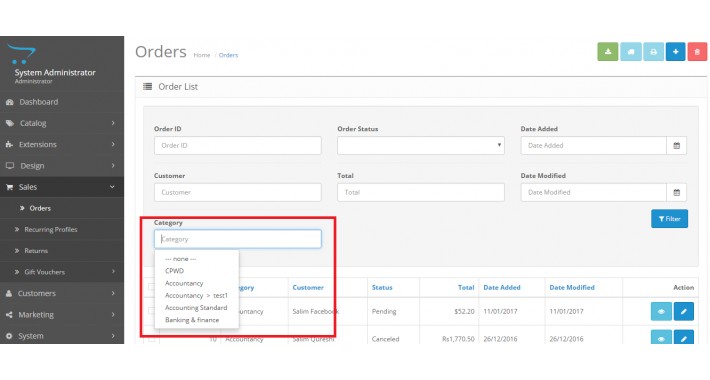 Filter order by category in admin