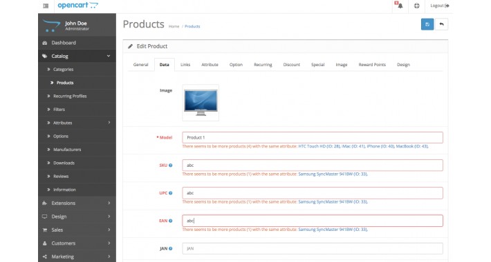 Duplicity Check: MODEL,EAN,UPC,SKU in Product Add/Edit (OCmod)