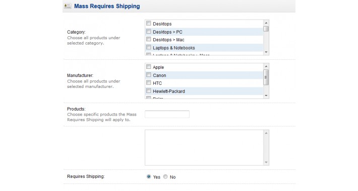 Mass Requires Shipping - OpenCart 1.5.x