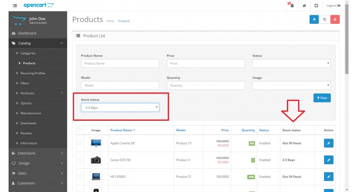 search product with stock OCMOD