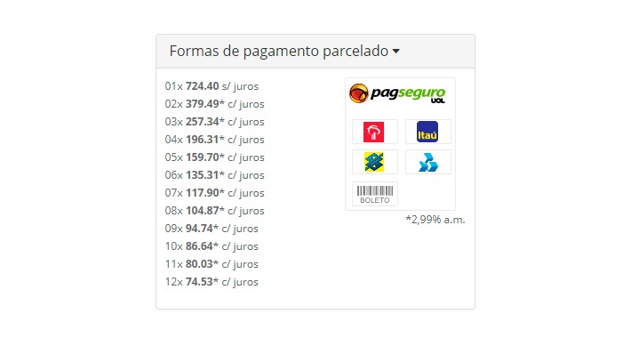 Tabela de Parcelas do PagSeguro