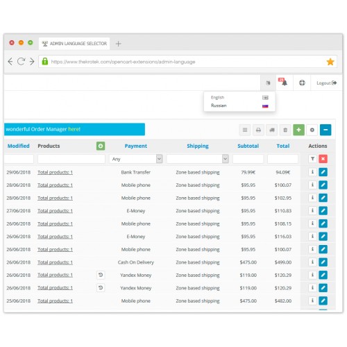 OpenCart Admin Language Selector
