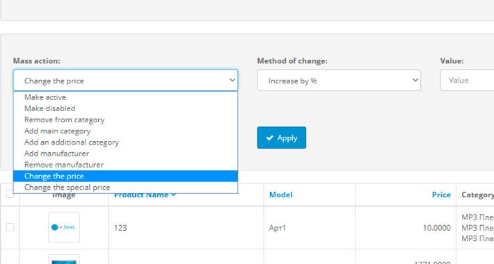 Mass change of products (prices, categories, producers, status)