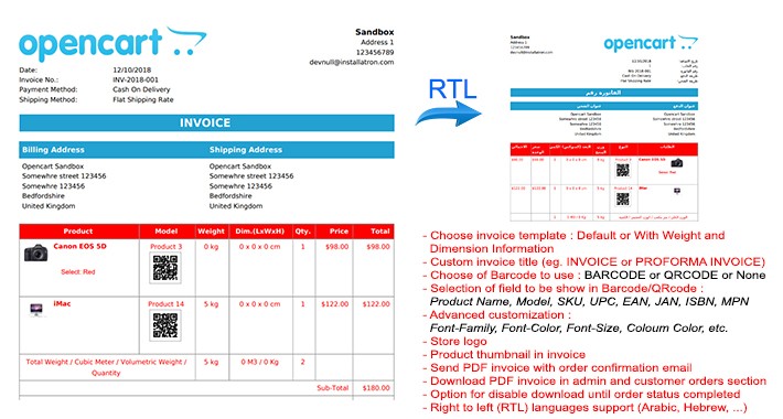 Barcode, QRcode, Dimension, Weight,  RTL (PDF Invoice Plus)