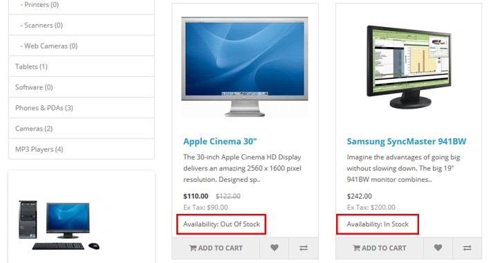 Display the stock status of the products on the Category 3.x.x.x