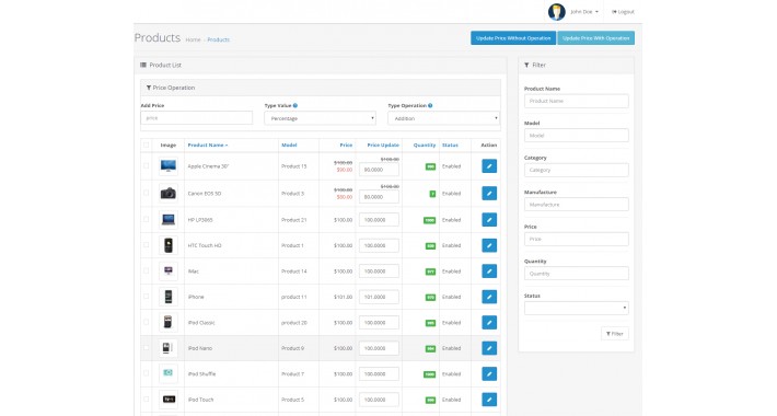 Product filter with price change operation