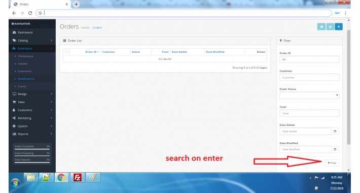 admin orders and customers search on enter press