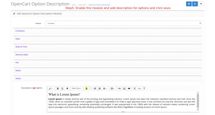 OpenCart Option Description
