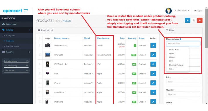 Admin product filter by Manufacturer