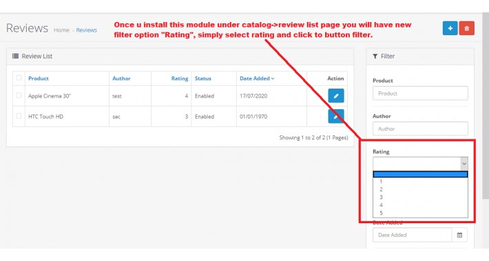 Admin Product Reviews filter by Rating