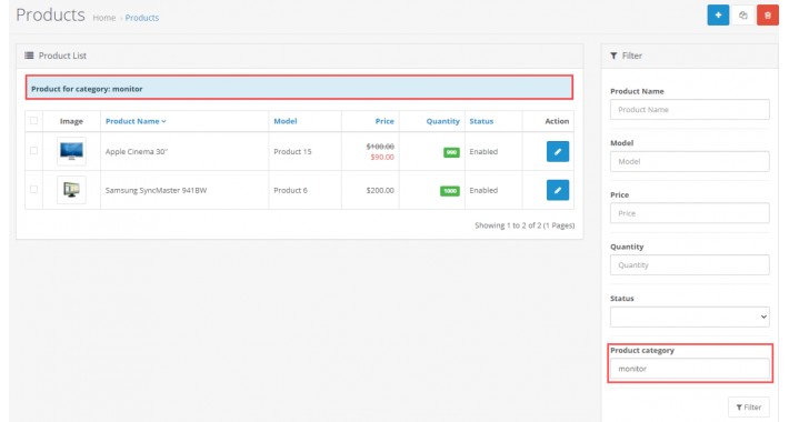 Admin Product Category Filter