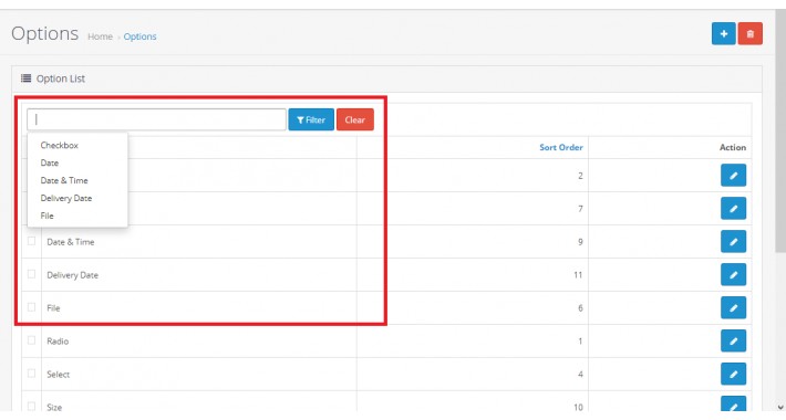 OpenCart - Admin Product Options Filter