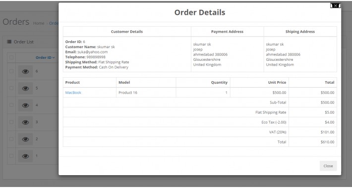 Mouse Over Order Details