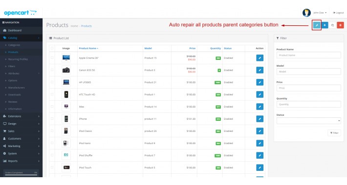 Auto Repair Product Parent Category - Admin Product List