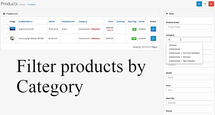 Simple admin products by category filter