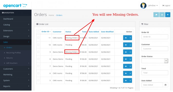 Display Missing Orders