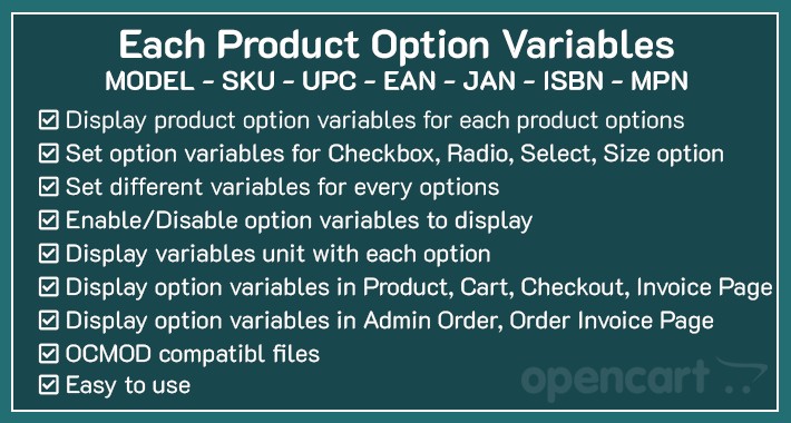 Each Product Option Variables - Model, SKU, UPC, EAN