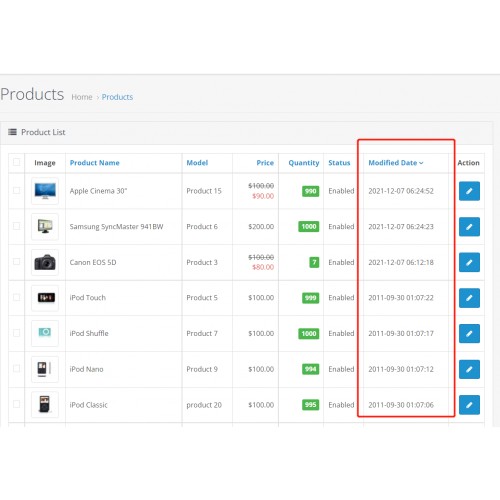 OpenCart Product Sort By Date Modified