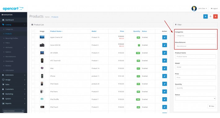 Product Filter - Admin Product List