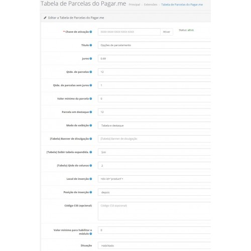 OpenCart Tabela de Parcelas do Pagar.me OpenCart 4