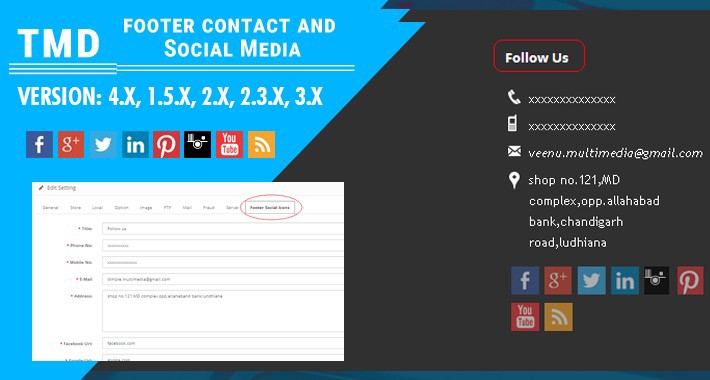 Footer contact and Social media (1.5.x , 2.x , 3.x & 4.x )