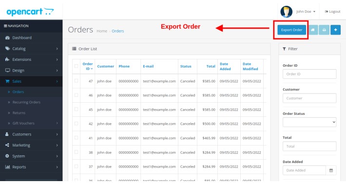 OpenCart - Export Order