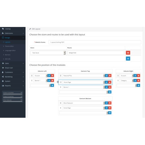 OpenCart - Layout Sorting - drag and drop sorting modules in Layouts