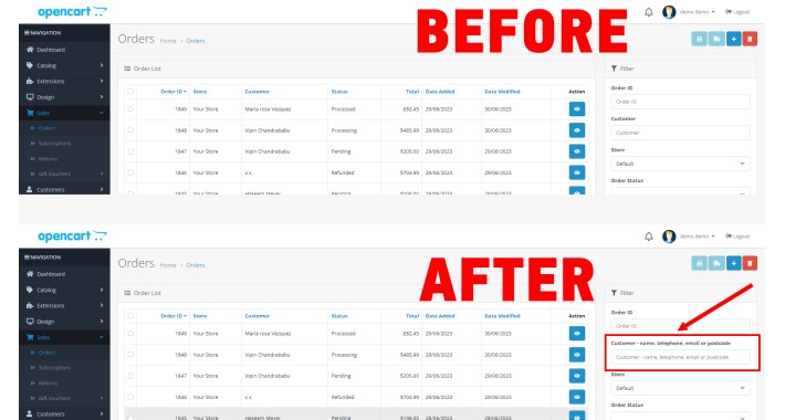 Order Search Filter by Telephone, Email or Postcode