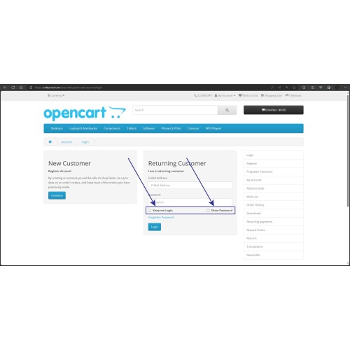 Opencart remember me show password