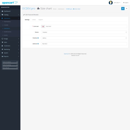 OpenCart OCDEV.pro Size Chart for Opencart 2.x 3.x
