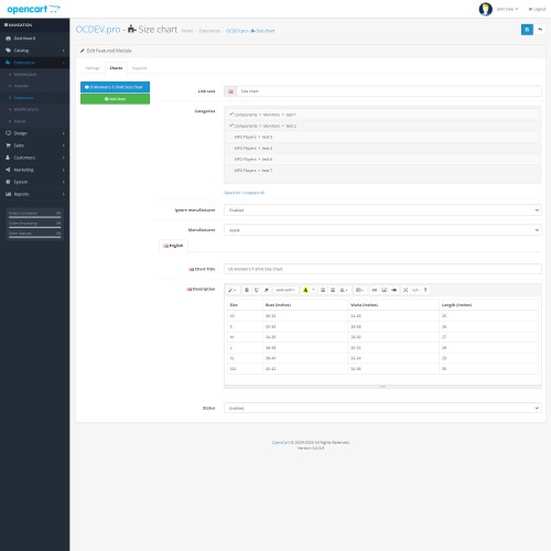 OpenCart OCDEV.pro Size Chart for Opencart 2.x 3.x