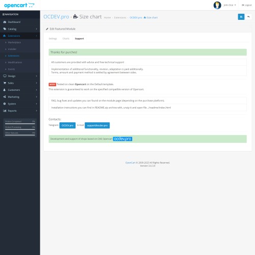 OpenCart OCDEV.pro Size Chart for Opencart 2.x 3.x