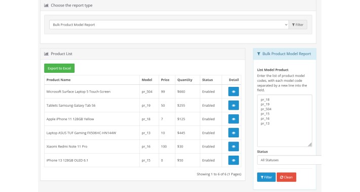 Bulk Product By Model, SKU  Report For OpenCart
