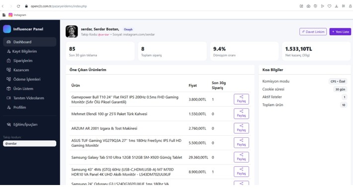 Opencart İnfulancer Modülü (Satış Ortaklığı)