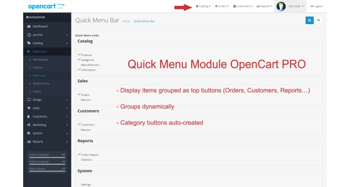 Admin Quick Menu Bar links OC3.x PRO